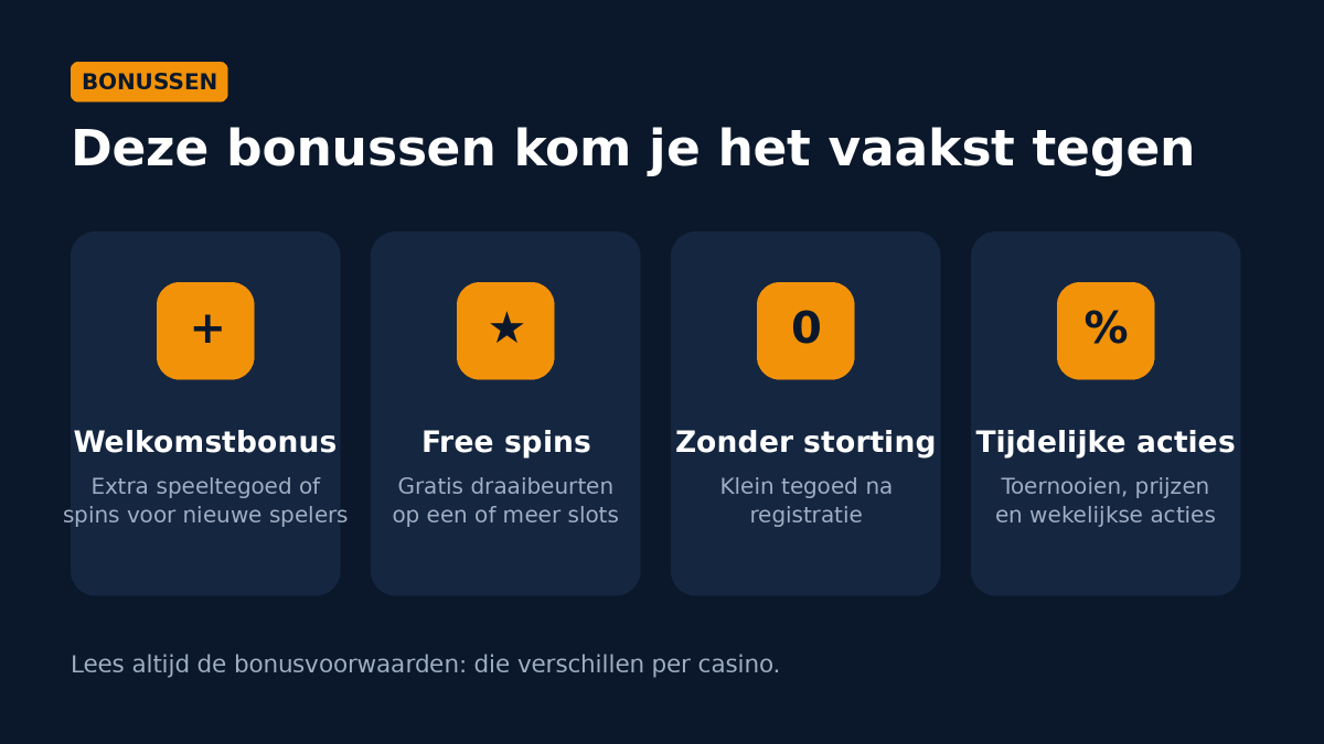 Vier soorten bonussen: welkomstbonus, free spins, bonus zonder storting en tijdelijke acties