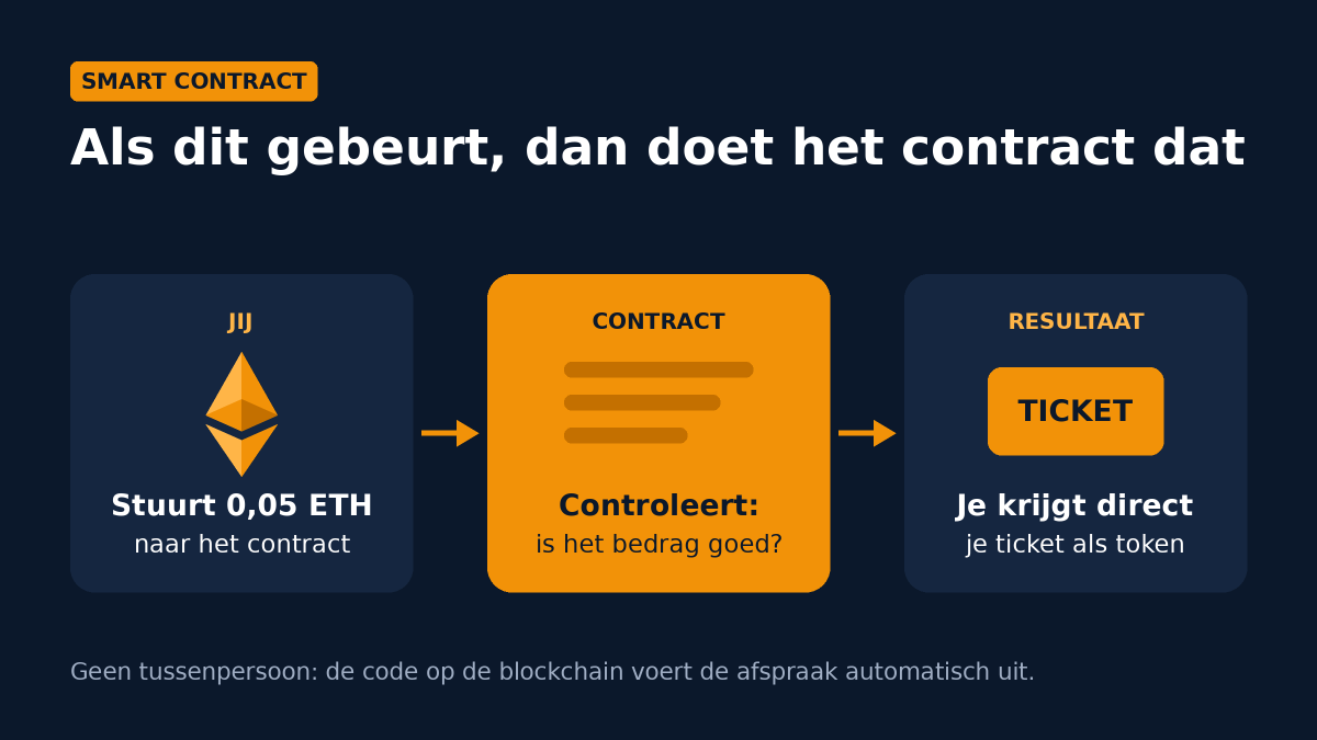 Stroomschema van een smart contract: je stuurt 0,05 ETH, het contract controleert het bedrag en je krijgt direct een ticket als token