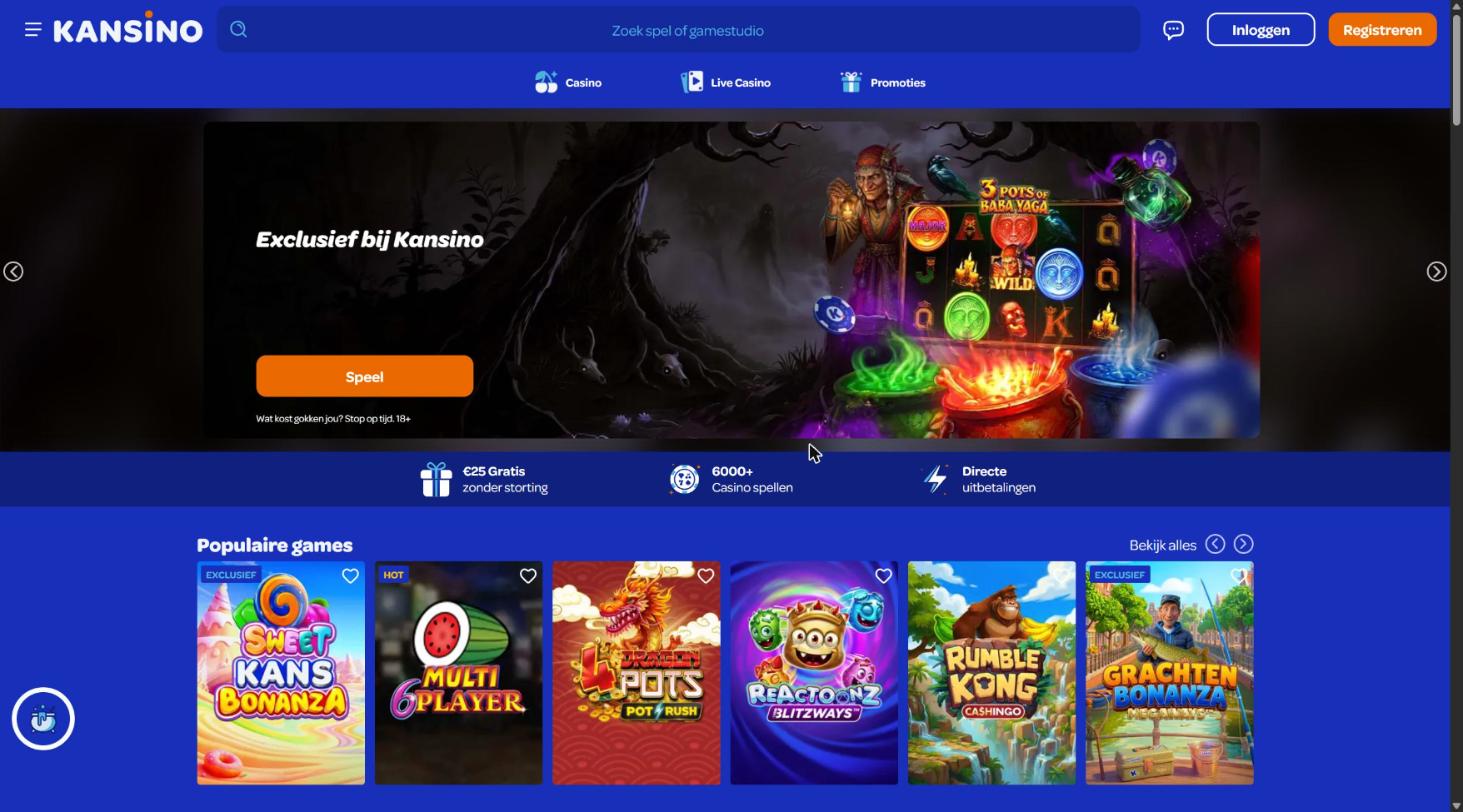De homepage van Kansino op kansino.nl, met 6000+ casinospellen en directe uitbetalingen