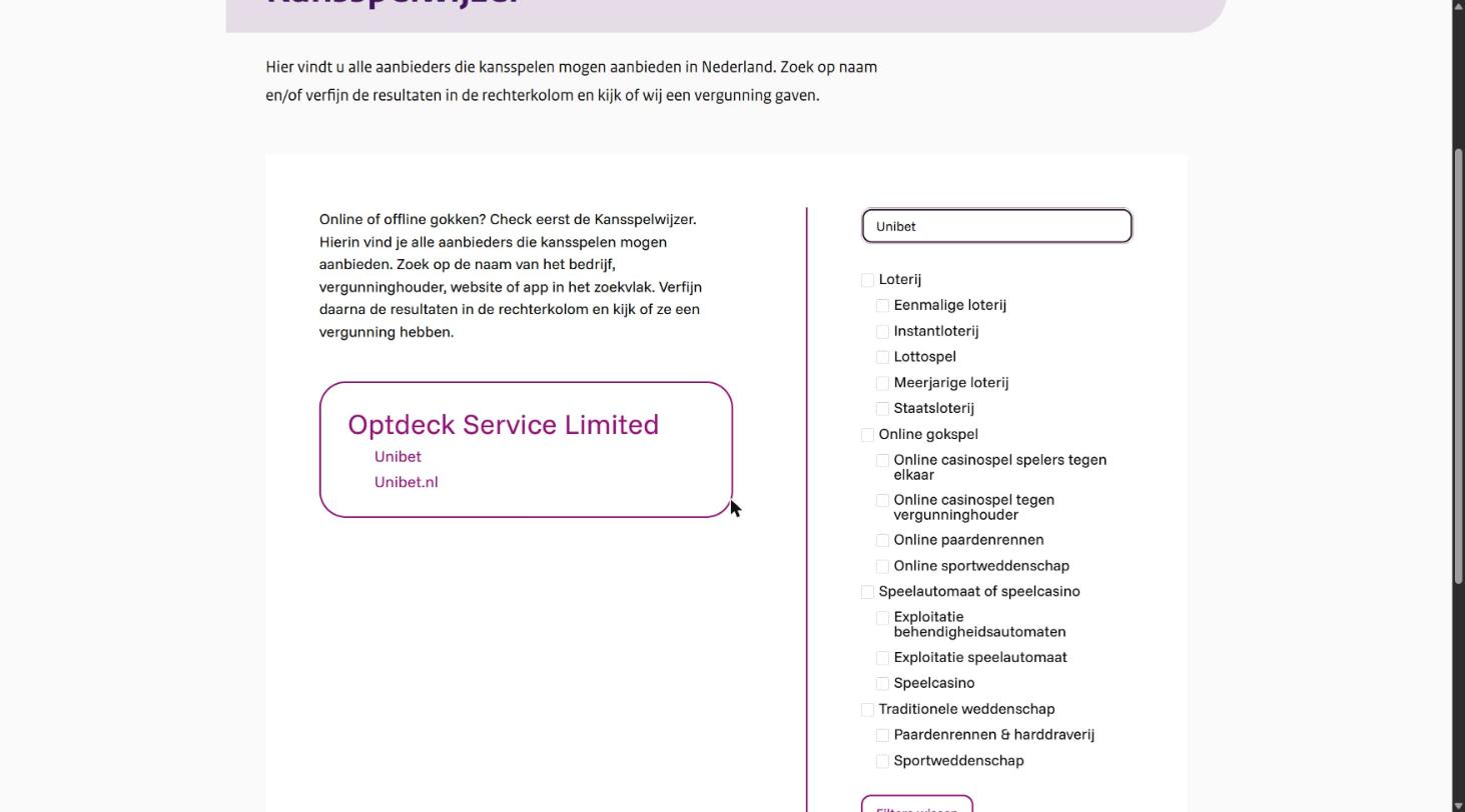 Zoekresultaat in de Kansspelwijzer van de Ksa: Optdeck Service Limited met het merk Unibet en de website unibet.nl