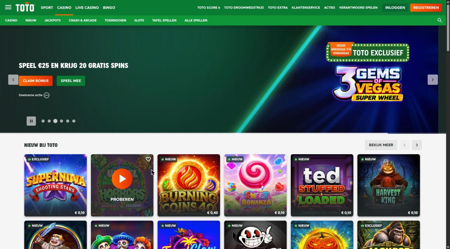 De homepage van TOTO Casino op casino.toto.nl, met de categorie Crash & Arcade in het menu
