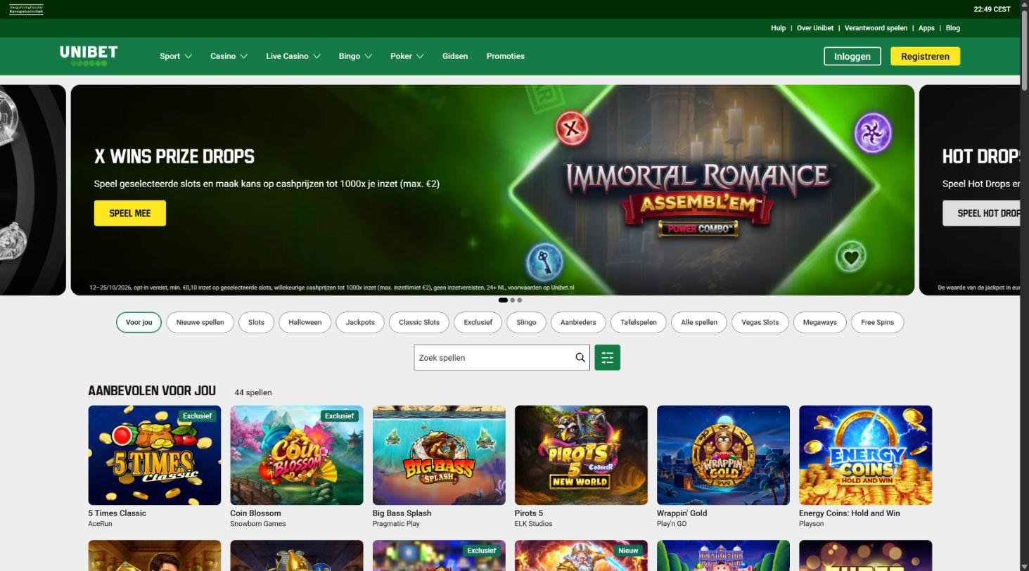 De casinolobby van Unibet op unibet.nl, met spelcategorieën en zoekfunctie